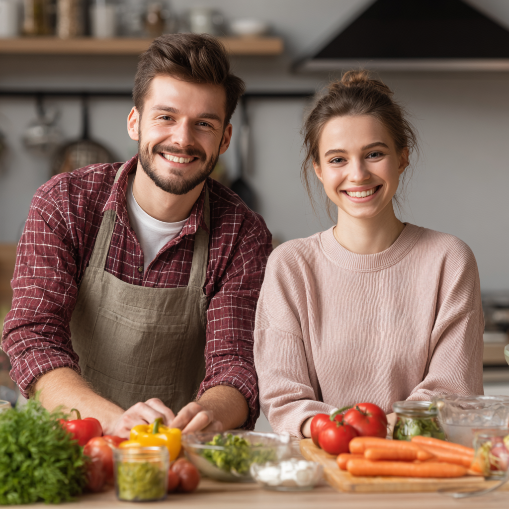 Cuplu tânăr român zâmbitor pregătind o masă sănătoasă în bucătărie, bărbat și femeie între 25-35 ani cu înfățișare românească
